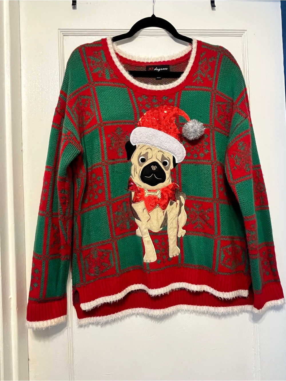 Festive Pug Green/Red Ugly Holiday Sweater WB Sz XL